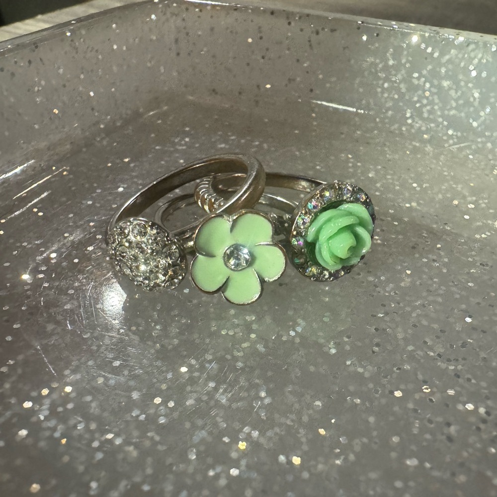 *Silver and Teal stacking rings with flower and diamonds- Size 9